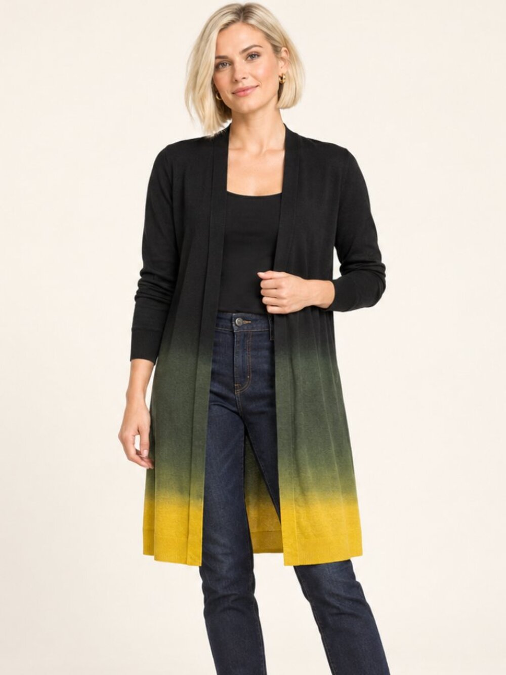 Chico’s Size 1 M Black Green Mustard Ombré Long Open Cardigan Duster